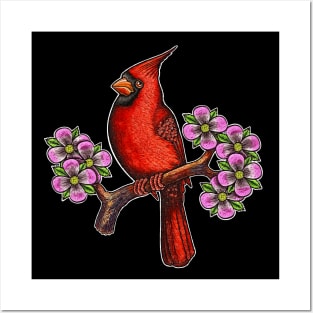 Red Cardinal bird dogwood flower North Carolina Virginia Posters and Art